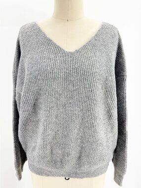 JOYFUNEAR Grey Ribbed V-neck Oversized Sweater Wool Blend XS